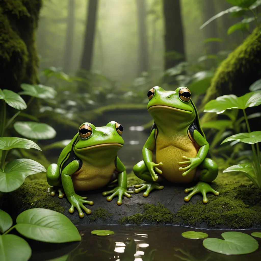 two frogs sitting on a rock in a forest with water lilies and green plants around them, with a stream running through the center, naturalism, a 3D render, Andries Both, highly detailed digital painting