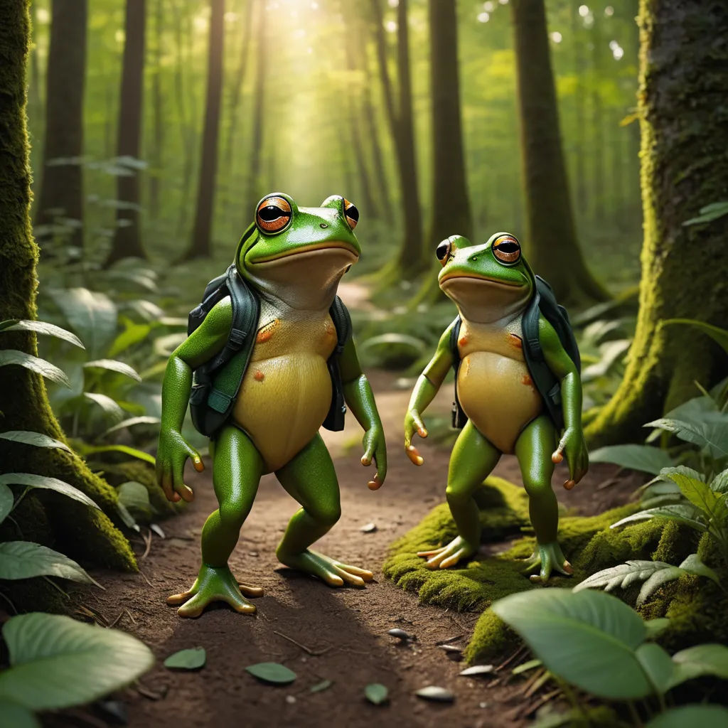 two frogs are walking in the woods together, one is carrying a backpack and the other is carrying a backpack, photorealism, a 3D render, Chris LaBrooy, behance hd