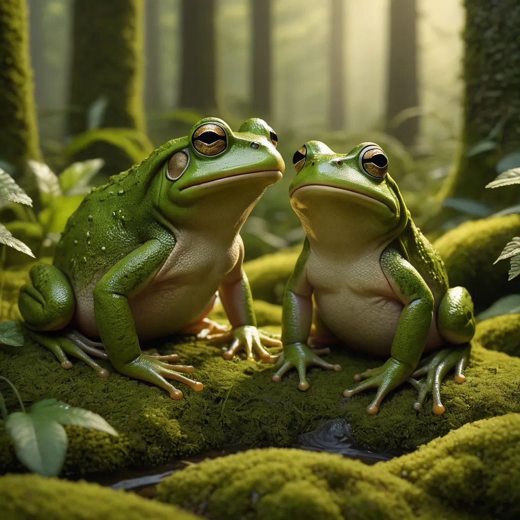 two frogs sitting on a mossy surface in the woods, one looking at the camera and the other looking at the camera, photorealism, a photorealistic painting, Chris LaBrooy, photoreal