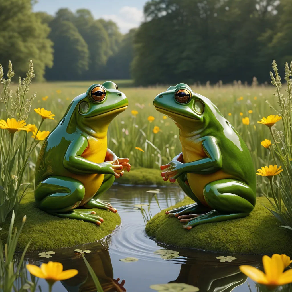 two frogs sitting on top of green grass next to a pond of water and yellow flowers in the background, photorealism, a photorealistic painting, Andries Both, cgstudio