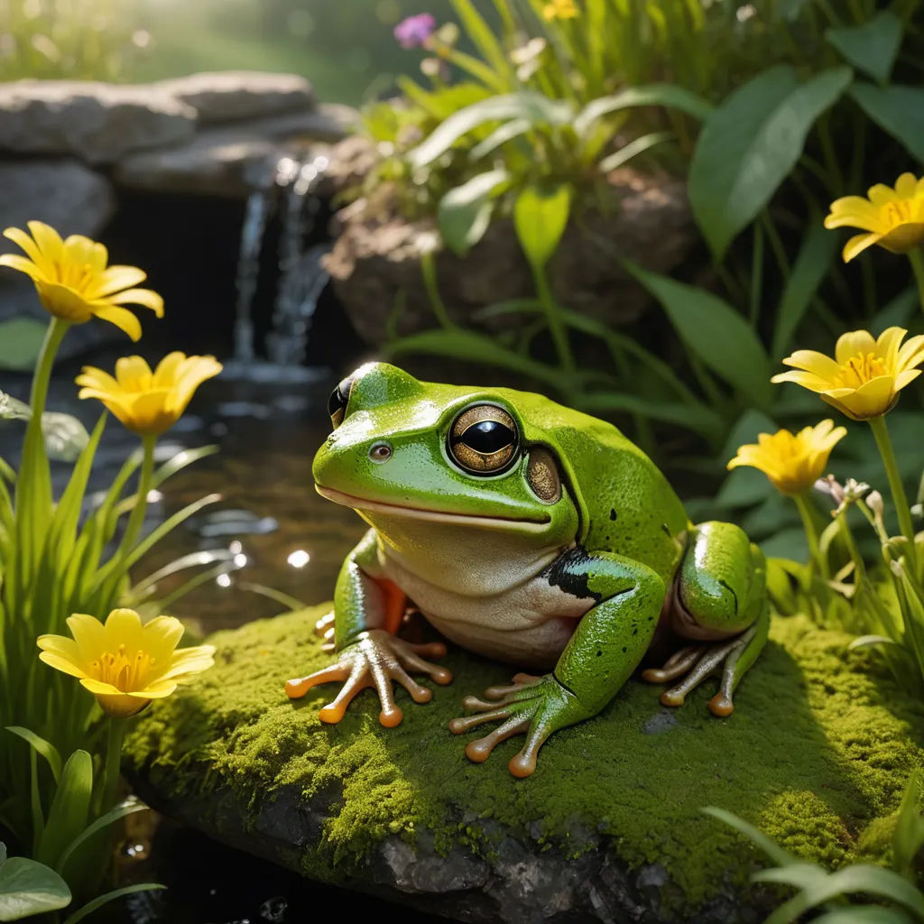 a frog sitting on a rock in a garden with flowers and water in the background, with a waterfall in the background, environmental art, a 3D render, Andries Stock, photoreal