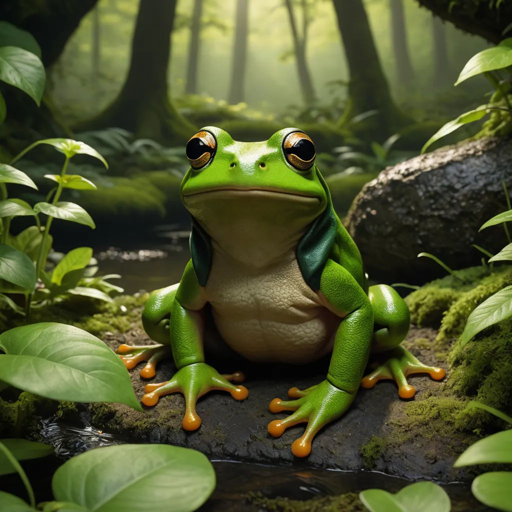 a frog sitting on a rock in a forest with green leaves and a stream of water in the background, photorealism, a 3D render, Chris LaBrooy, weta digital