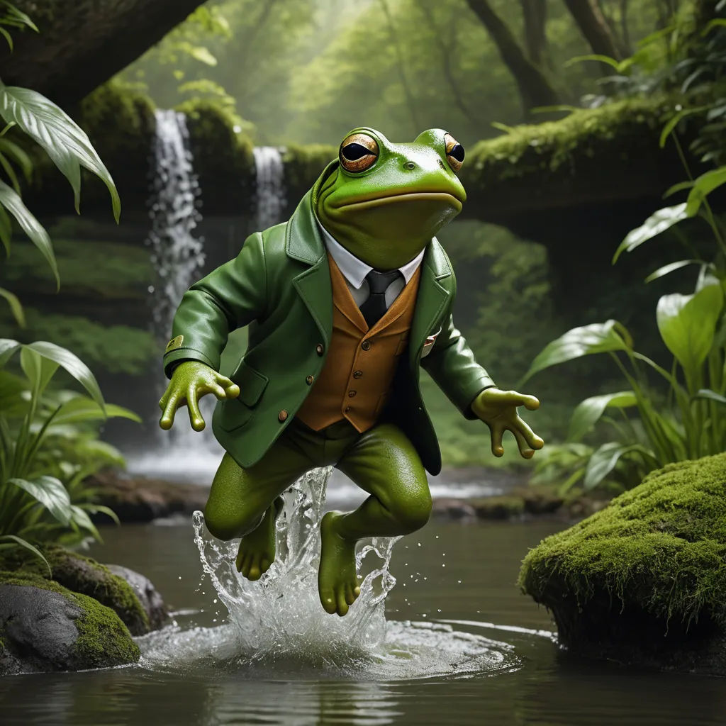 a frog in a suit and tie jumping into a stream of water in a forest with a waterfall in the background, fantastic realism, a 3D render, Chris LaBrooy, weta digital