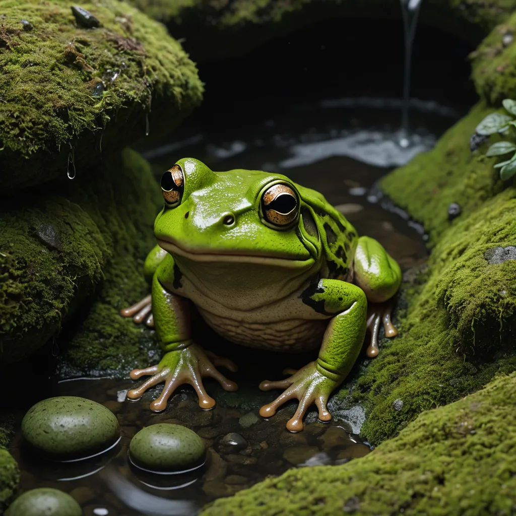a frog sitting on top of a moss covered ground next to a stream of water and rocks with moss growing on them, photorealism, a 3D render, Chris LaBrooy, photoreal