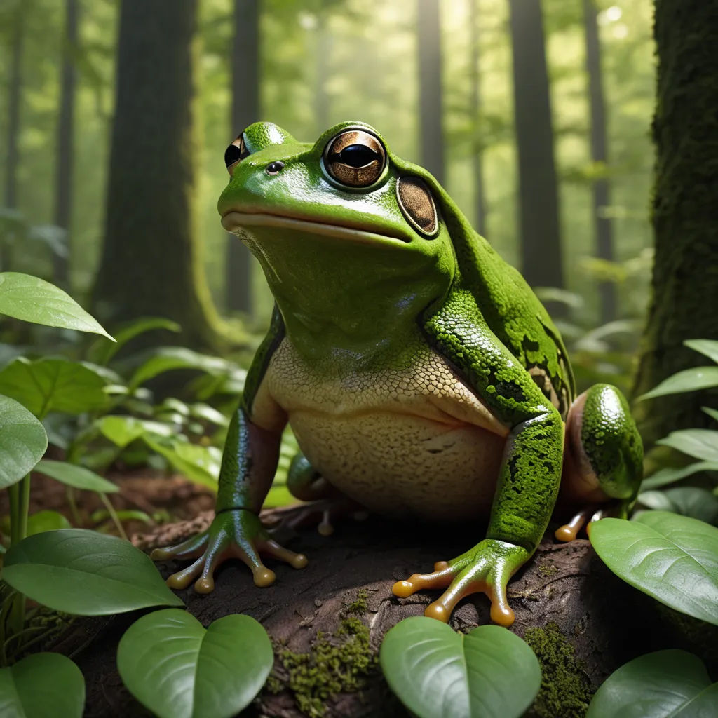 a frog sitting on a log in a forest with green leaves and a sunbeam in the background,, photorealism, a 3D render, Andries Stock, unreal engine 5 quality render