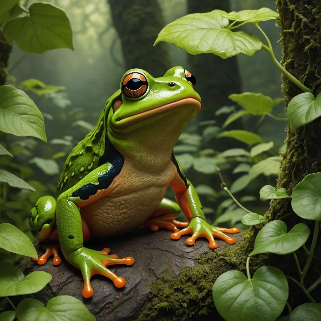 a frog sitting on a log in a forest with green leaves and a tree trunk with a red spot on its face, naturalism, a 3D render, Andries Stock, highly detailed digital painting