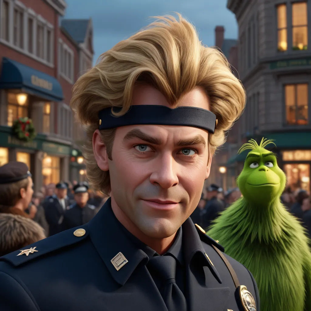a man in a police uniform standing next to a green sesame character in a street scene with people in the background, photorealism, a hyperrealistic painting, Chris LaBrooy, unreal engine highly rendered