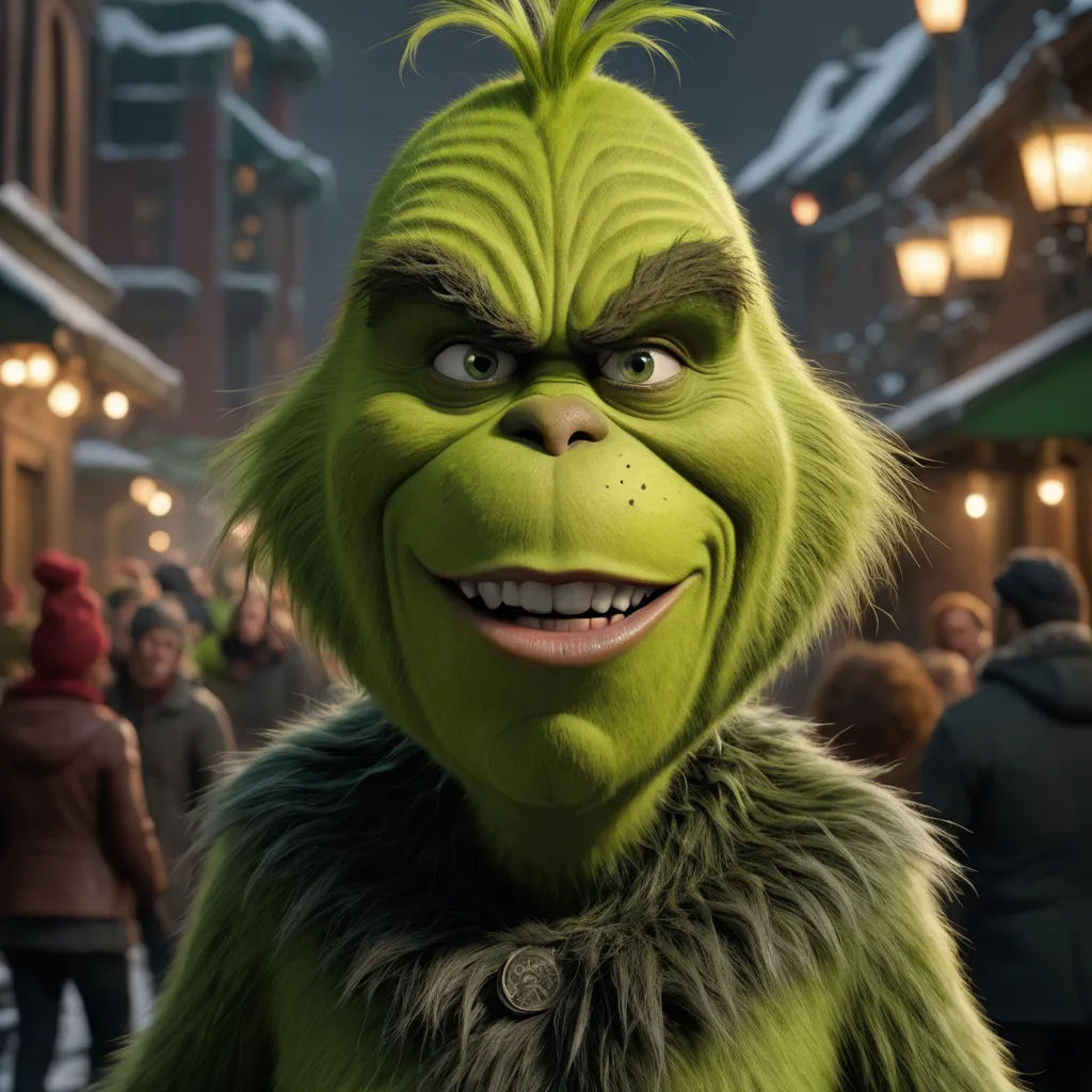 a green grin face with a crowd of people in the background in a street scene with lights and people, photorealism, a character portrait, Edi Rama, unreal engine 5 quality render