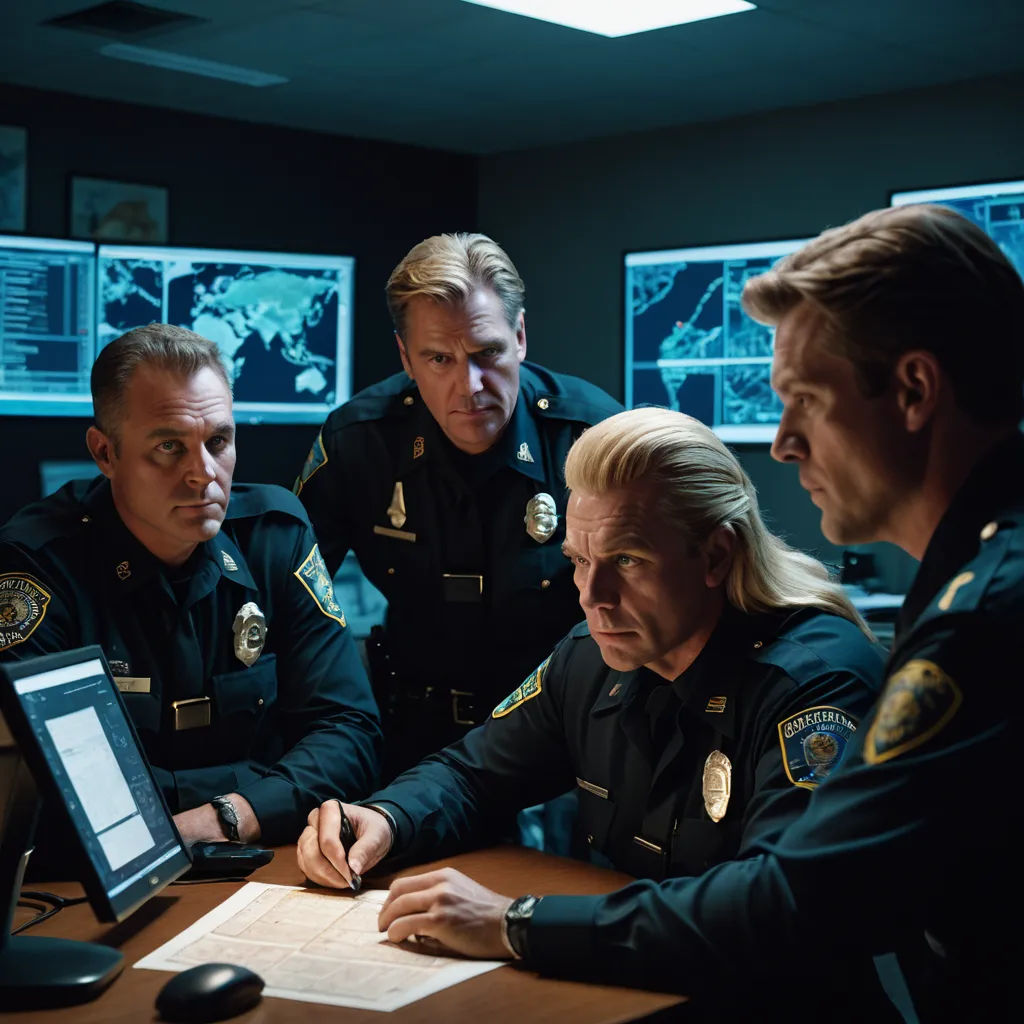 a group of police officers sitting around a table with a laptop computer on it's desk and a person writing on a piece of paper, institutional critique, a stock photo, Armin Hansen, promotional image
