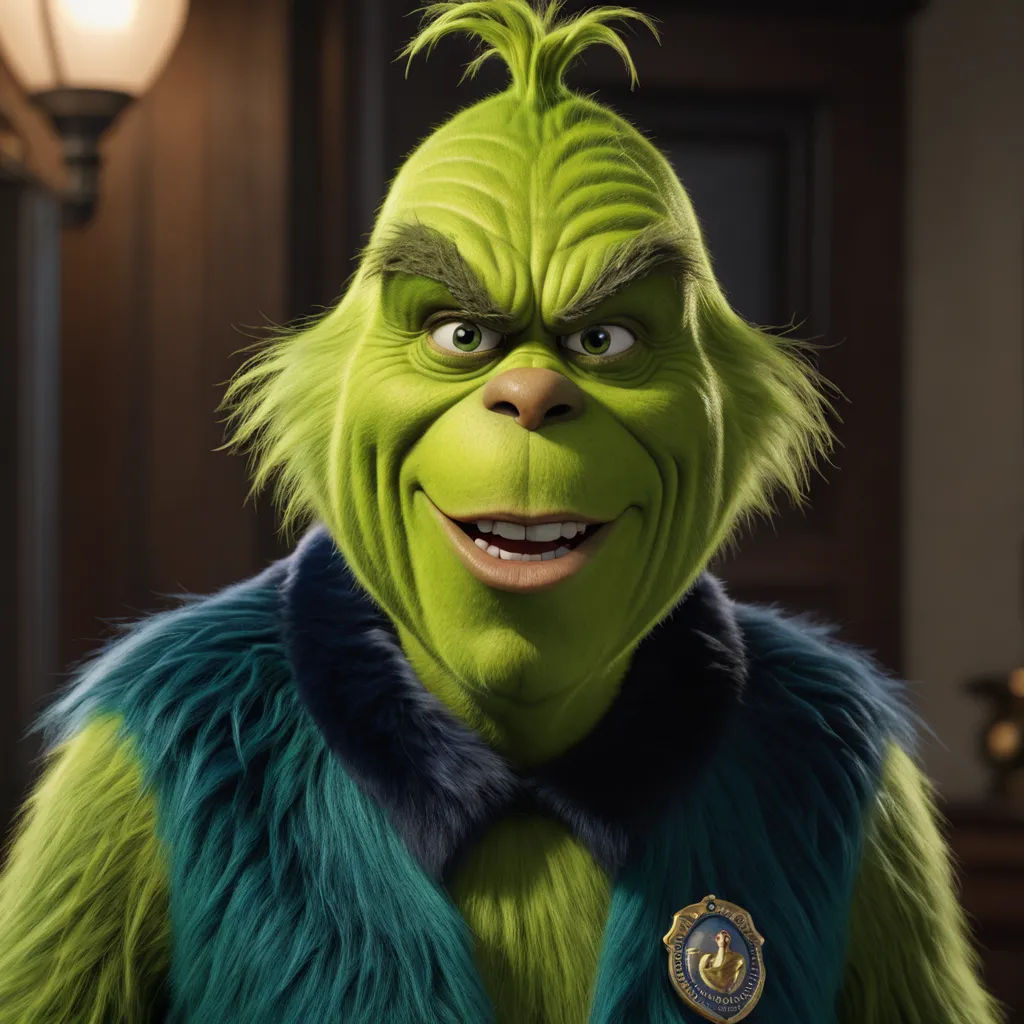 a green man in a fur vest and a light bulb in the background with a lamp on the wall, photorealism, a character portrait, Ernest William Christmas, unreal engine 5 quality render