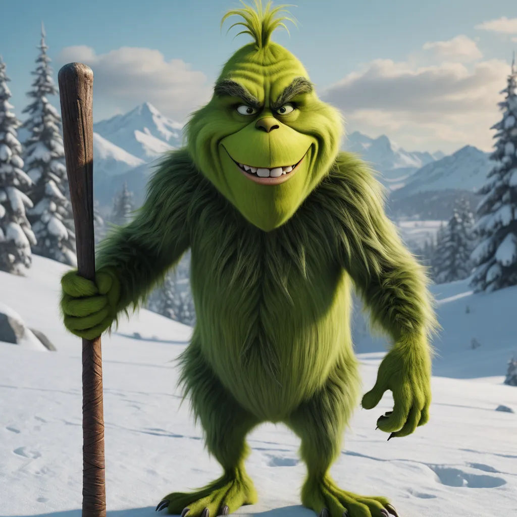 a cartoon character holding a stick in the snow with a mountain in the background with snow covered trees and a sky with clouds, furry art, a 3D render, Brian Snøddy, unreal engine 5 quality render