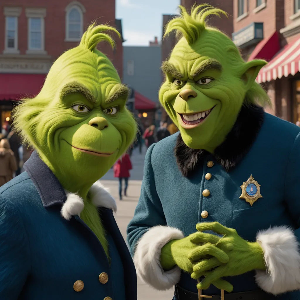 two people in green costumes standing next to each other on a street corner with buildings in the background and people walking by, furry art, a stock photo, Andries Both, ultra realistic faces