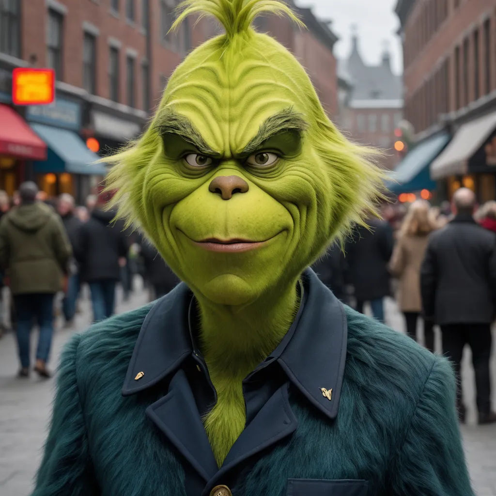 a man in a green suit and a grin face on a street corner with people walking by on a sidewalk, photorealism, a character portrait, Brian Snøddy, vfx
