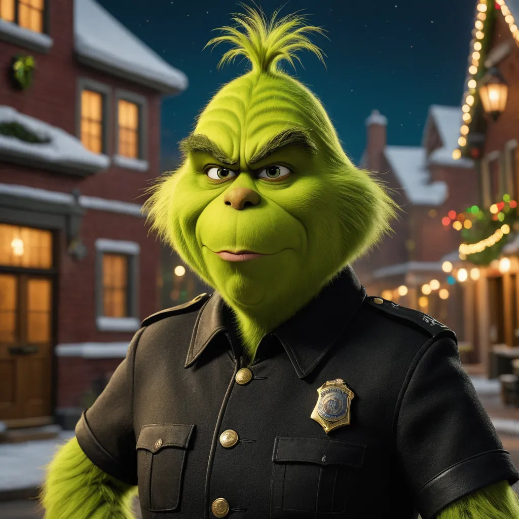 a green grin is standing in front of a building with christmas lights on it and a police officer is in the foreground, photorealism, a character portrait, Edi Rama, unreal engine 5 quality render