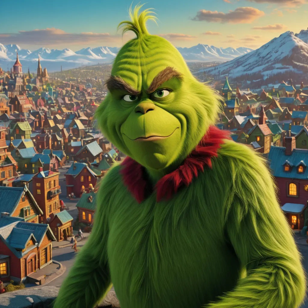 a green grin is standing in front of a city with a mountain in the background and a red bow tie, antipodeans, a character portrait, Edi Rama, promotional image