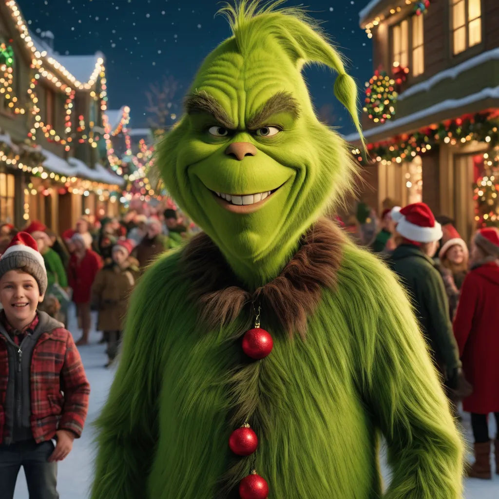 a man and a boy standing in front of a grin face in a christmas scene with lights on the buildings, antipodeans, a character portrait, Ernest William Christmas, promotional image