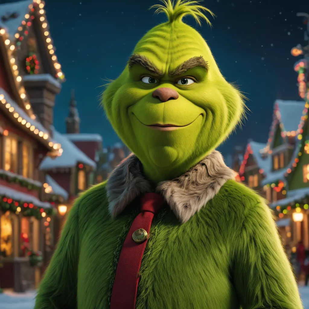 a grin face in a christmas scene with a town in the background and lights on the buildings and trees, furry art, a character portrait, Ernest William Christmas, unreal engine 5 quality render
