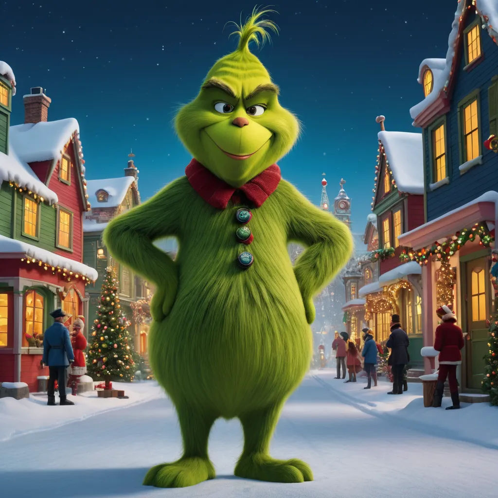 a grin face in a christmas scene with a town in the background and people walking around the street in the snow, excessivism, a character portrait, Ernest William Christmas, promotional image