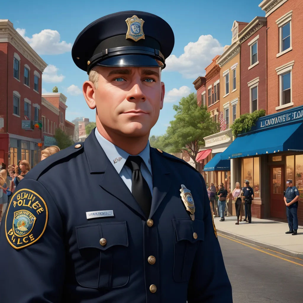 a police officer is standing in the middle of a street with a crowd of people in the background and a building with a blue awning, photorealism, a digital rendering, Chris LaBrooy, ultra realistic faces