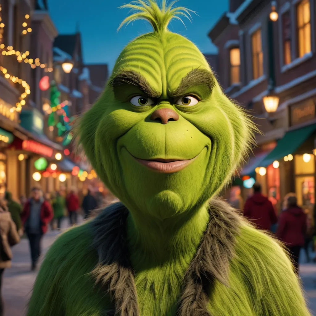 a green grin face in a street at night with people walking around and lights on the buildings behind it, furry art, a character portrait, Edi Rama, promotional image