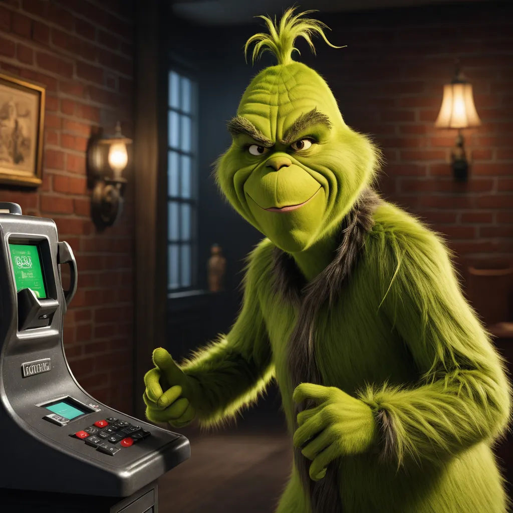 a green grin standing next to a machine in a room with a brick wall and a picture of a man, les automatistes, a character portrait, Chris LaBrooy, promotional image