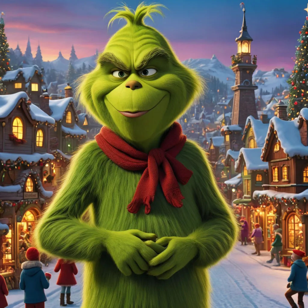 the grin is standing in front of a christmas village with a lot of people and a christmas tree in the background, excessivism, a character portrait, Ernest William Christmas, promotional image