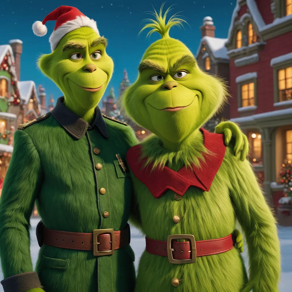 the grin and the little drummer are dressed in christmas attire in front of a snowy town at night with a christmas tree, antipodeans, concept art, Felix-Kelly, promotional image