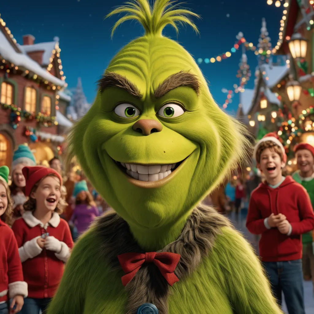 a grin face is standing in front of a group of children in christmas outfits and lights on the street, unilalianism, a character portrait, Ernest William Christmas, promotional image