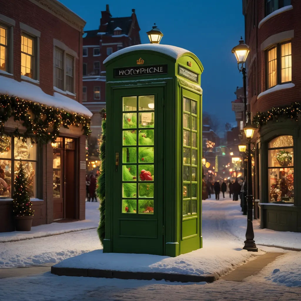 a green phone booth on a snowy street at night with people walking by it and a christmas tree in the background, arts and crafts movement, a digital rendering, Evgeny Lushpin, 8k artistic photography