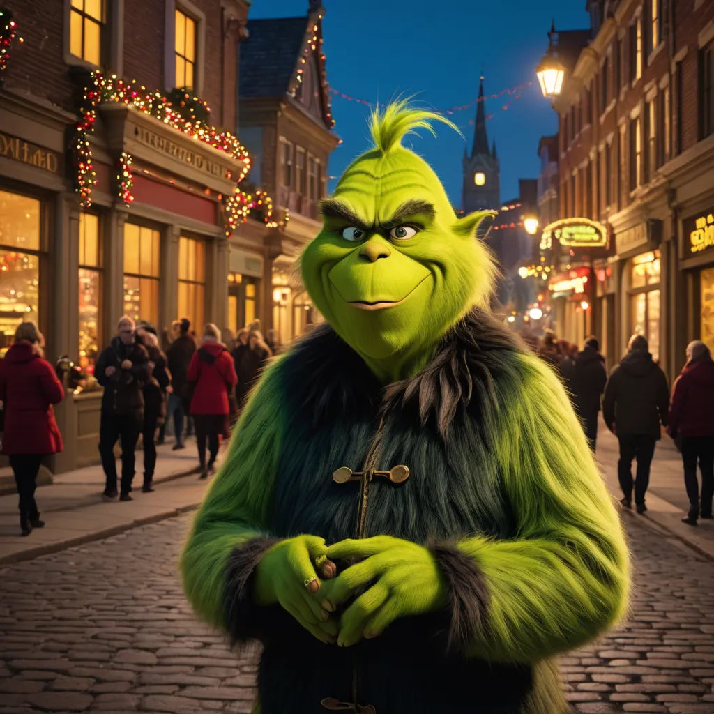 a man dressed in a green costume standing on a street corner in front of a store front with a christmas light, dau-al-set, a character portrait, Ernest William Christmas, promotional image