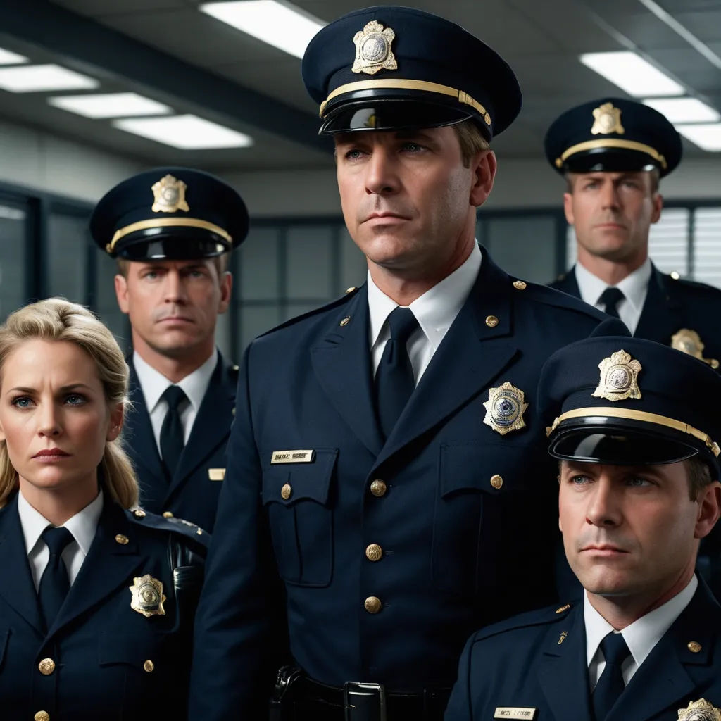 a group of police officers standing in a line in a building with a woman in the foreground and a man in the background, institutional critique, a poster, David Budd, promotional image
