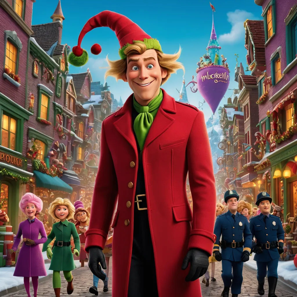 a cartoon character in a red coat and green tie standing in front of a city street with a christmas scene, naive art, a poster, Ernest William Christmas, promotional image