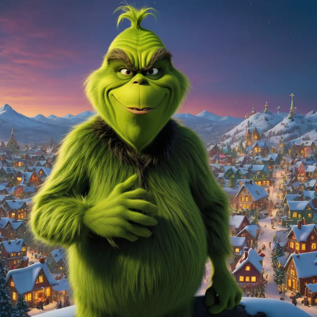 a green grin standing in front of a snowy town at night with a full moon in the sky behind him, antipodeans, a character portrait, Edi Rama, green