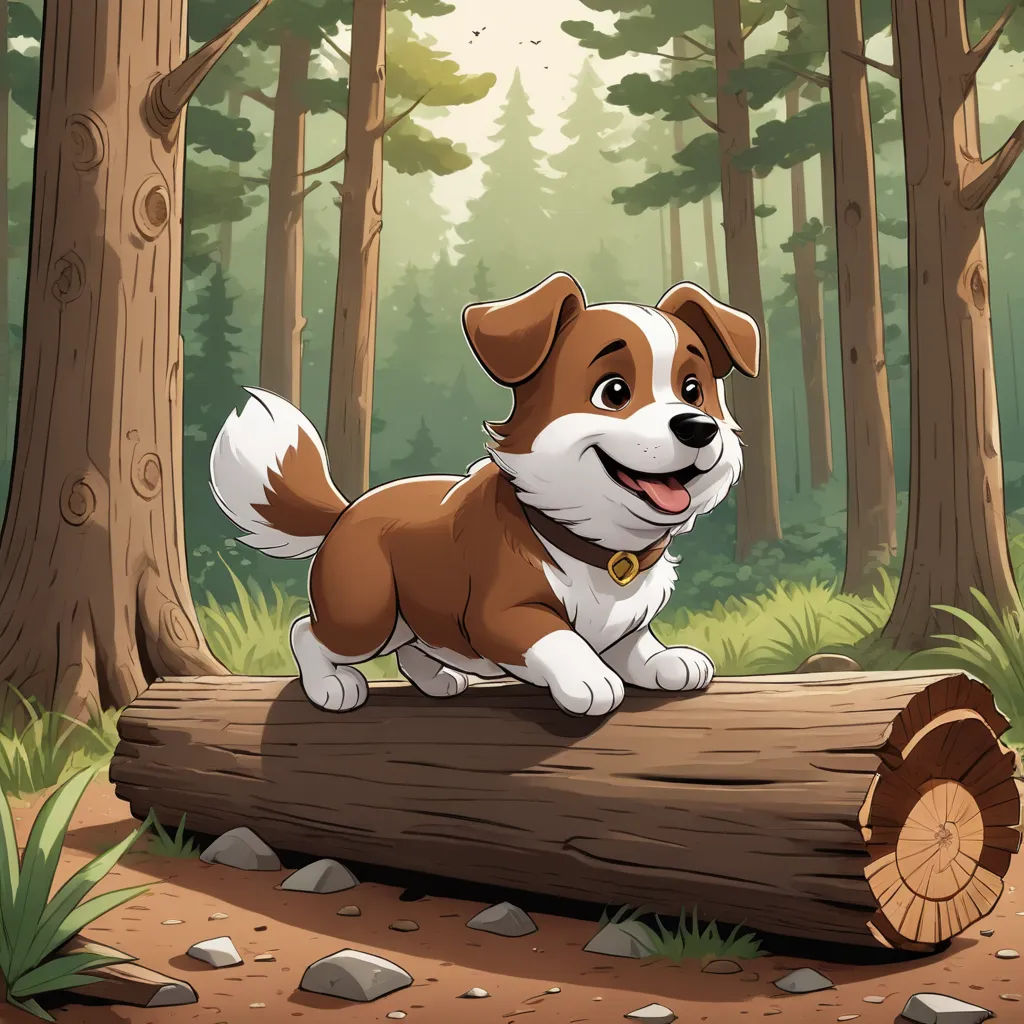 a dog sitting on a log in the forest with a forest background and a forest scene with a dog, sots art, a storybook illustration, David Brewster, storybook illustration