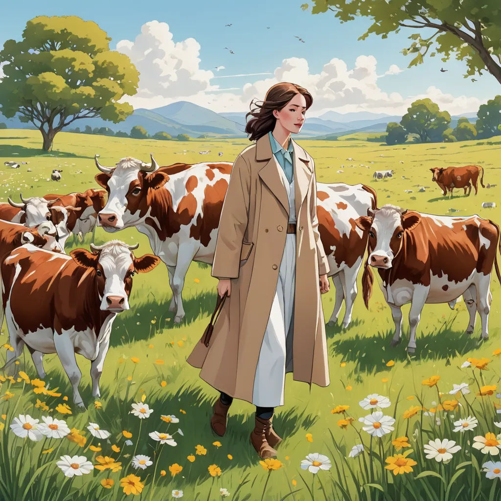 a woman in a coat is walking through a field with cows and daisies in the background, with a tree and a sky in the background, american scene painting, a storybook illustration, Colin Middleton, promotional image