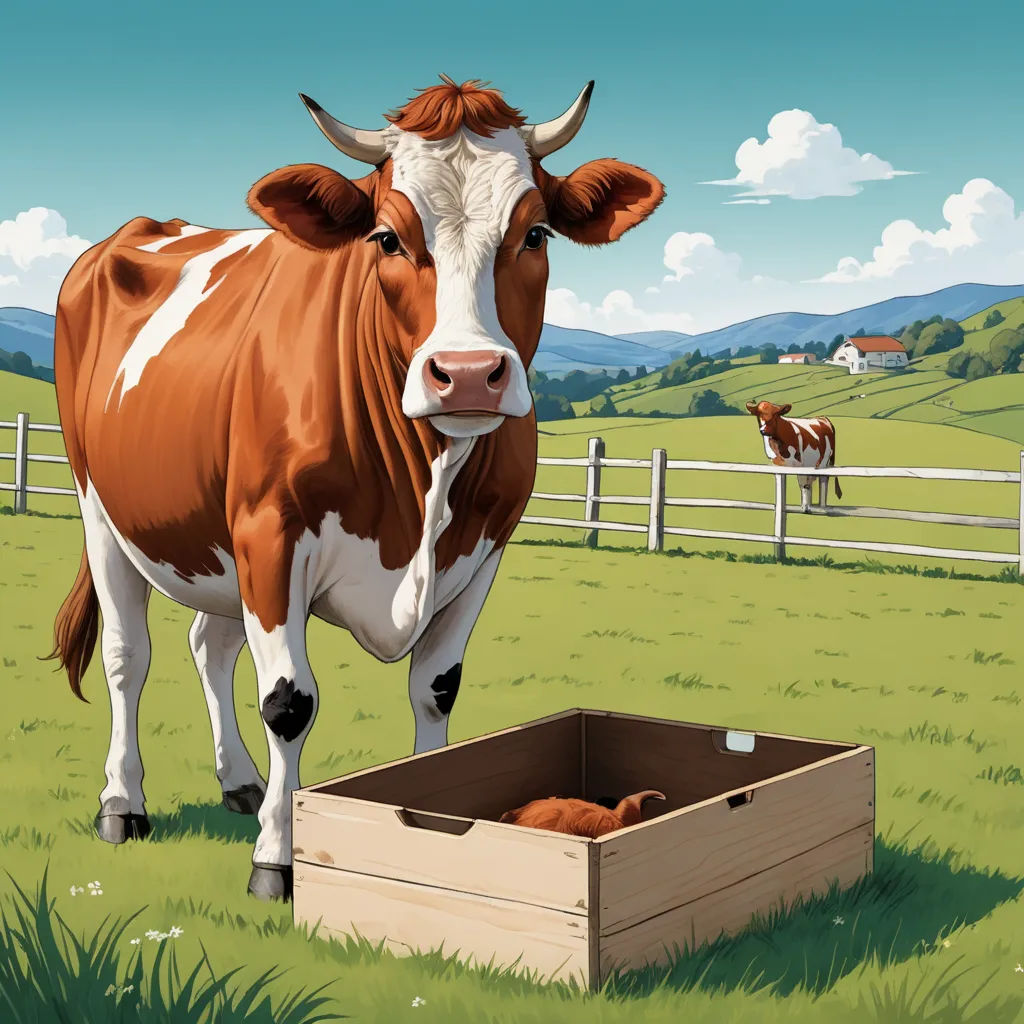 a cow standing in a field next to a box of food and a fence with cows in the background, american scene painting, a storybook illustration, Chris LaBrooy, ultra realistic illustration