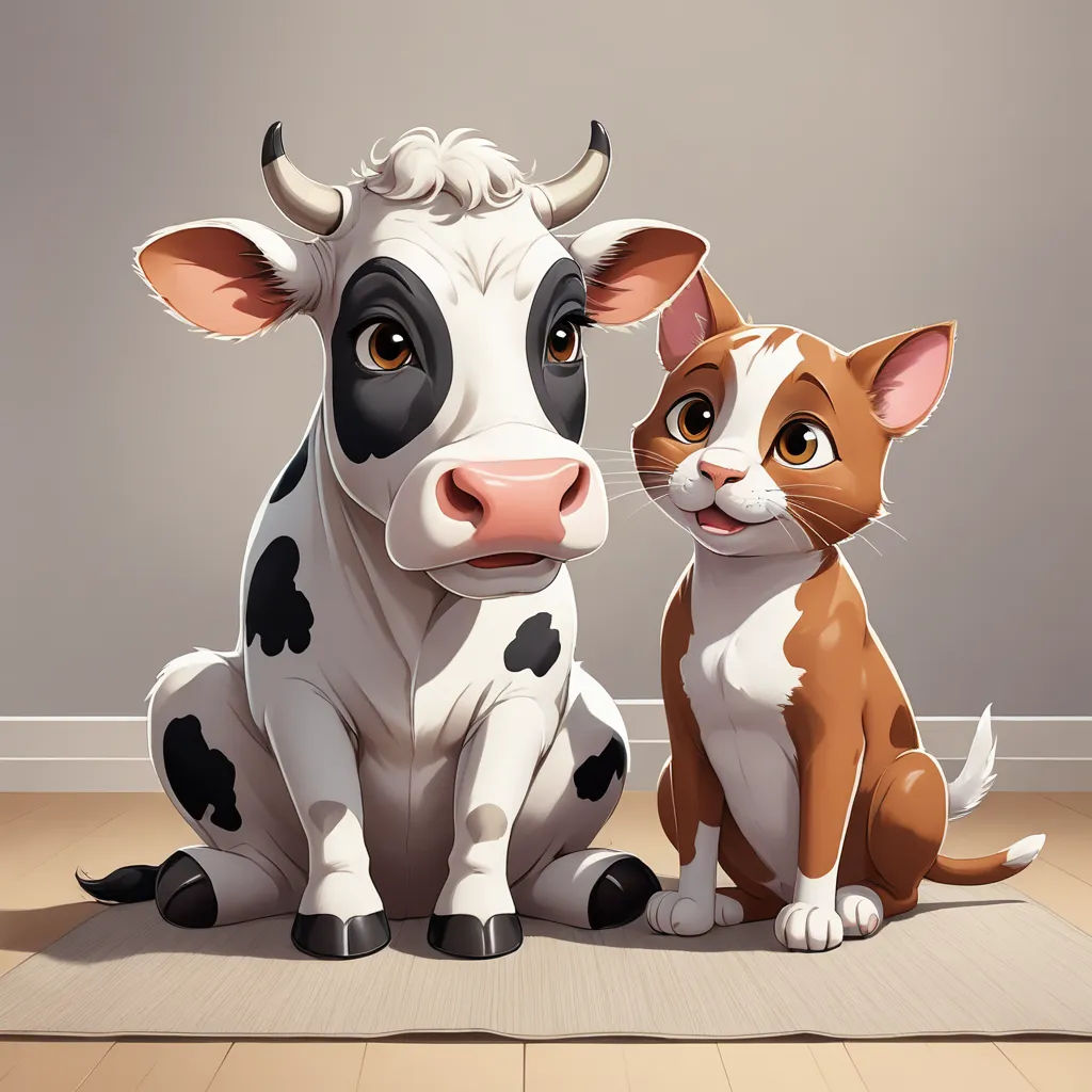 a cat and a cow sitting on a floor next to each other on a rug in a room with a gray wall, lyco art, a storybook illustration, Diego Gisbert Llorens, behance hd