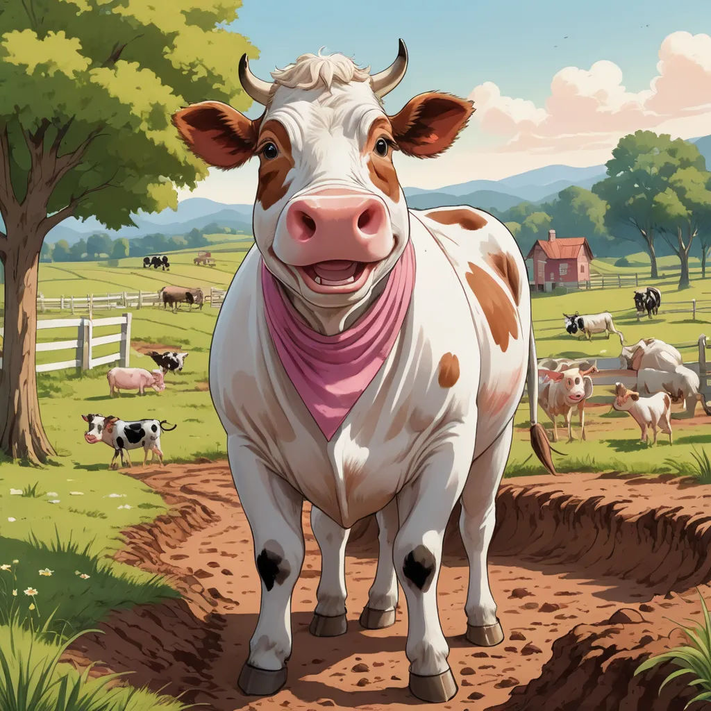 a cow with a bandana standing in a field with other cows in the background and a tree in the foreground, american scene painting, a storybook illustration, Chris LaBrooy, behance hd
