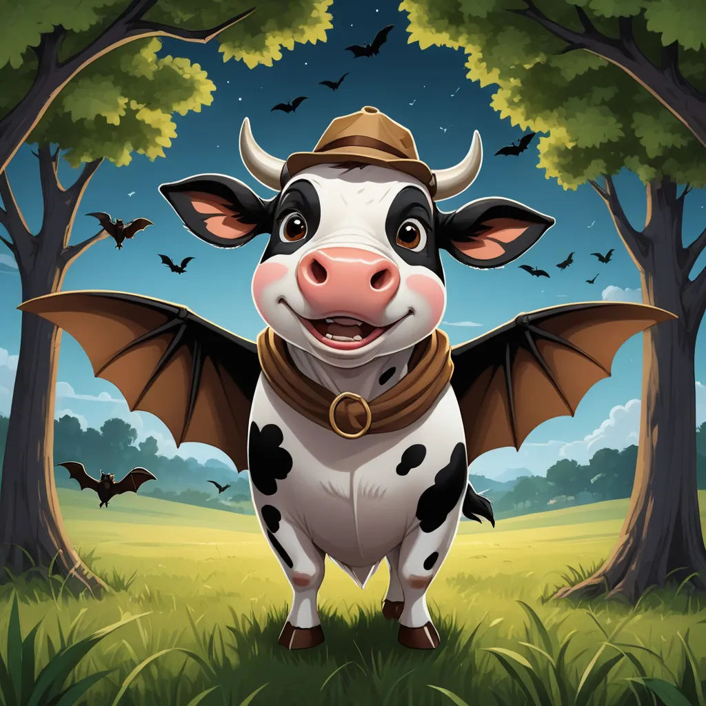 a cow with a hat and a collar standing in a field with bats flying around it and a tree with bats in the background, pop surrealism, a storybook illustration, Brenda Chamberlain, behance hd
