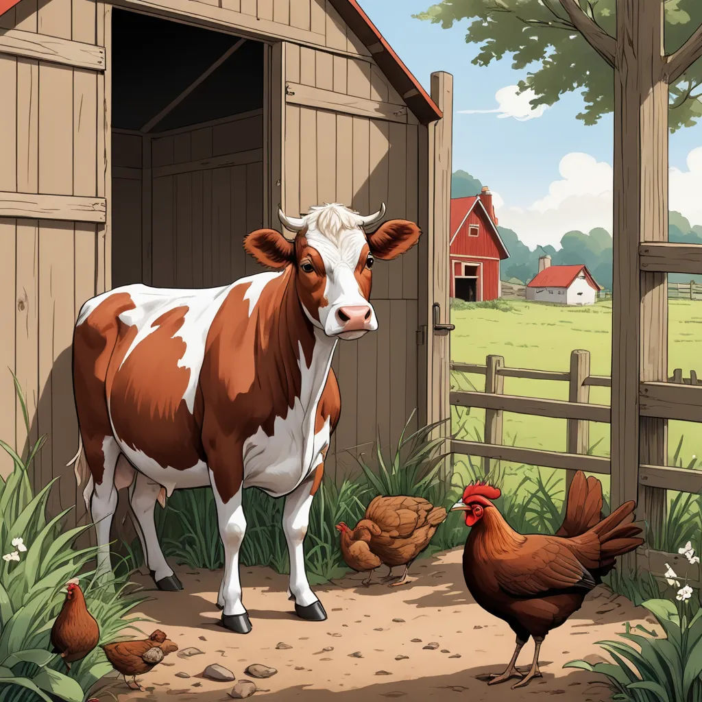 a cow and chickens in a barn yard with a chicken and hen nearby on a sunny day with a barn and a chicken, american scene painting, a storybook illustration, Chris LaBrooy, storybook illustration