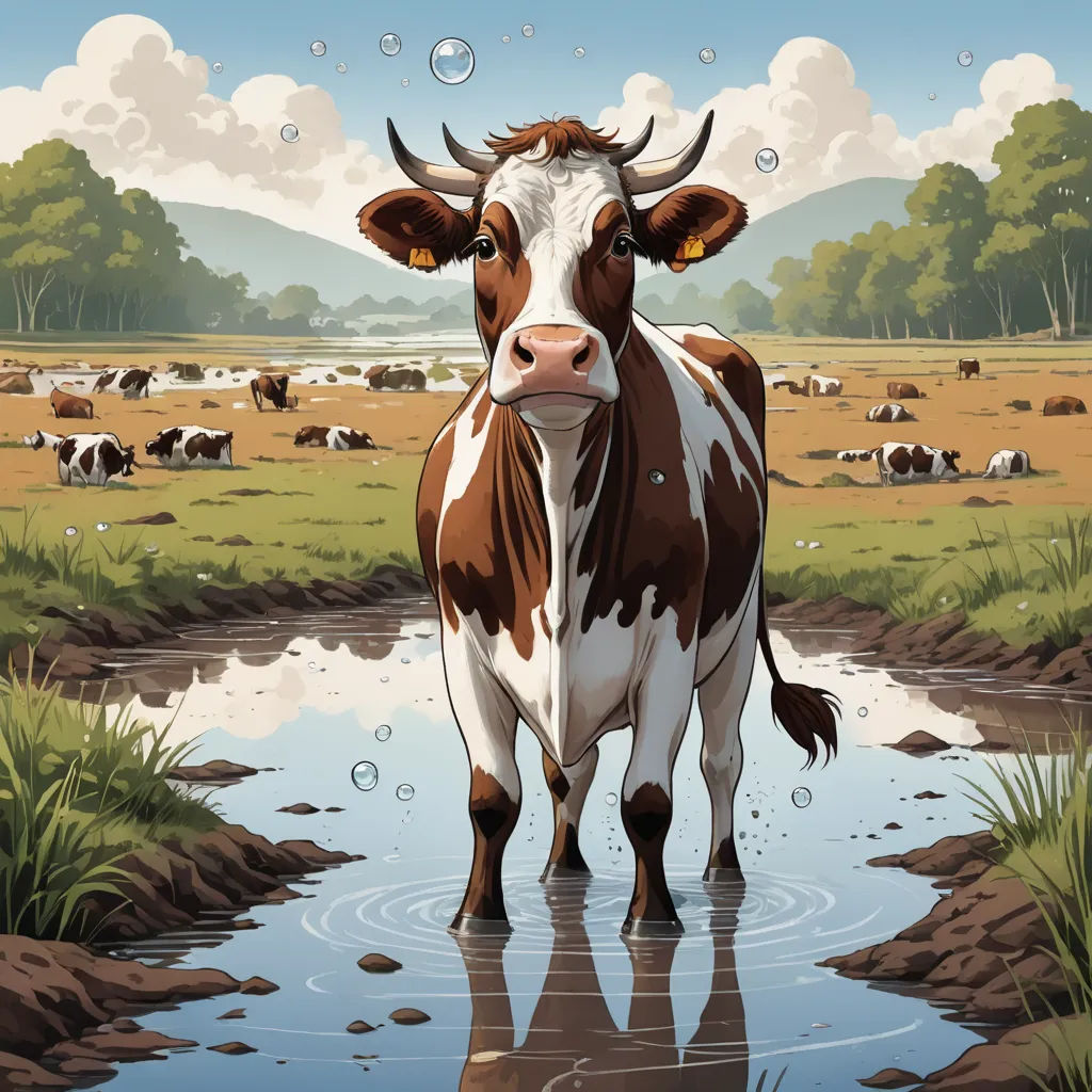 a cow standing in a stream of water with a herd of cows in the background in a field with grass and trees, environmental art, a storybook illustration, Chris LaBrooy, behance hd