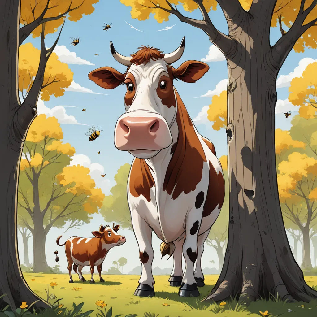 a cow and a calf standing in a forest with trees and bees flying around them, with a blue sky in the background, context art, a storybook illustration, Chris LaBrooy, storybook illustration