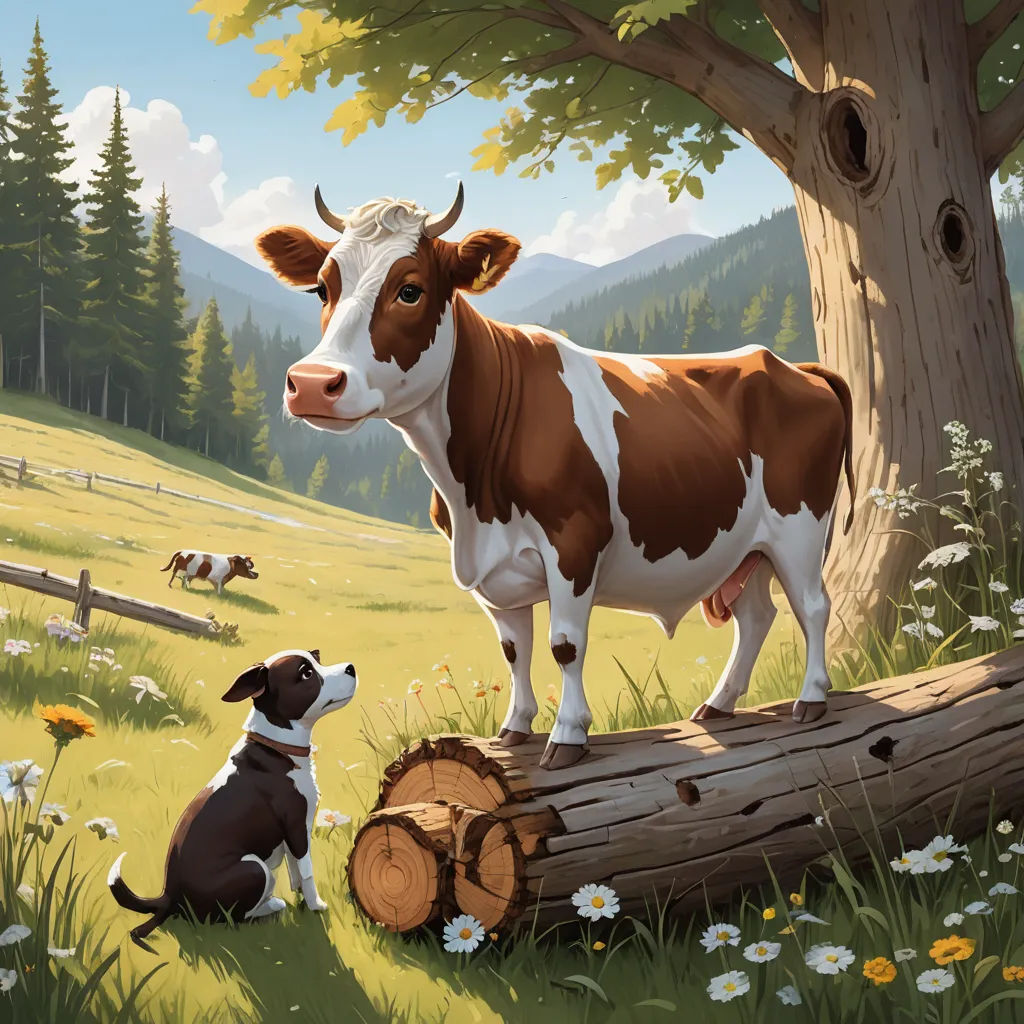 a painting of a cow and a dog in a field with a tree and a fence in the background, american scene painting, a storybook illustration, Chris LaBrooy, highly detailed digital painting
