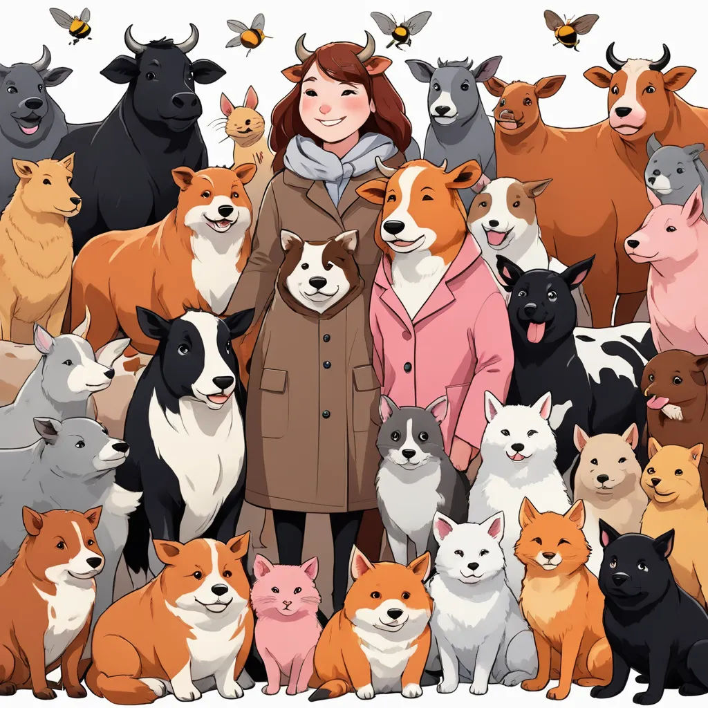 a woman standing in front of a large group of dogs and cats, all of which are different colors, furry art, a storybook illustration, Asaf Hanuka, detailed illustration