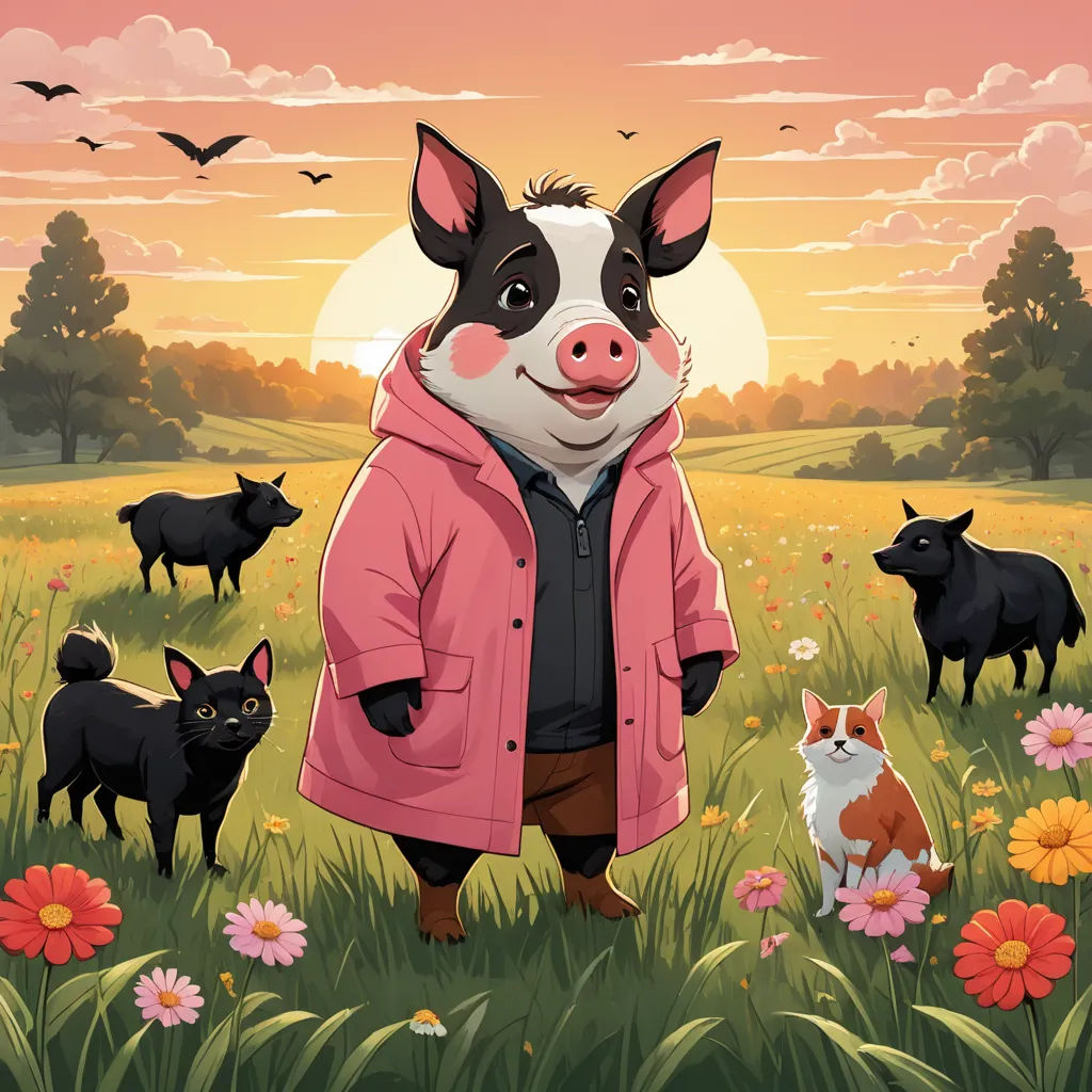 a pig in a pink coat standing in a field of flowers with other animals in the background and a sunset, sots art, a character portrait, Chris LaBrooy, official art