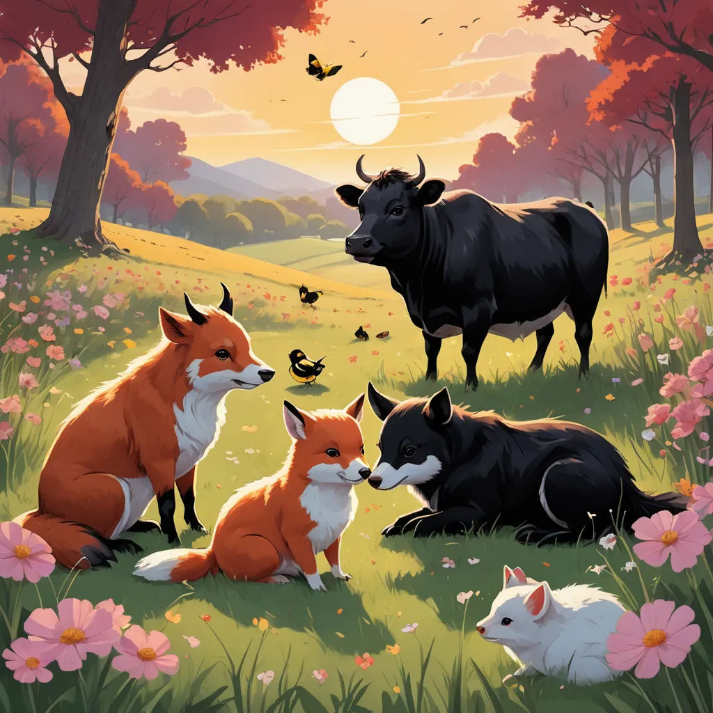 a painting of a group of animals in a field of flowers and trees with a sunset in the background, furry art, a storybook illustration, Chris LaBrooy, furaffinity