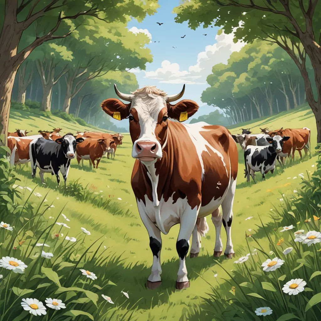 a painting of a cow in a field of grass and flowers with trees in the background and a sky with clouds, synthetism, a storybook illustration, Chris LaBrooy, behance hd