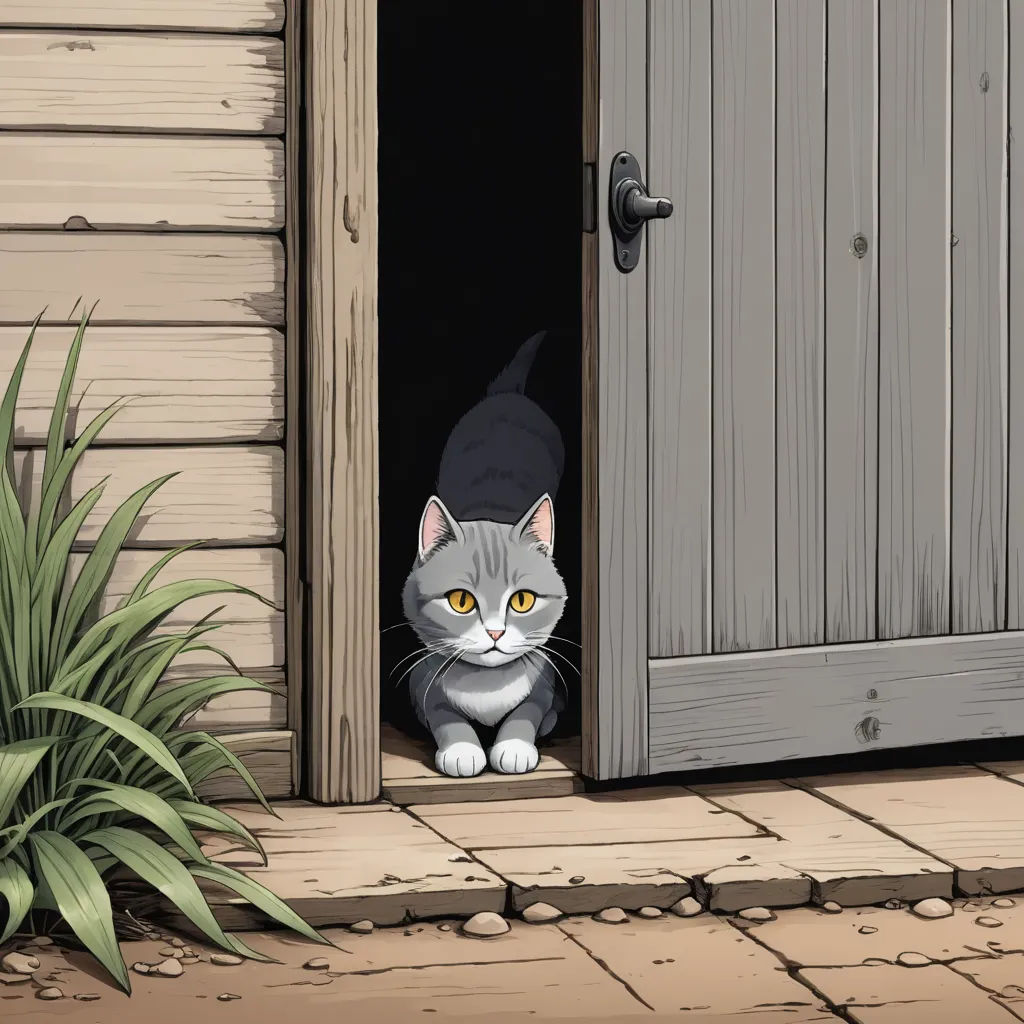 a cat is looking out of a door with a black hat on it's head and a green plant in front of it, sots art, a storybook illustration, Beatrix Potter, ghibli