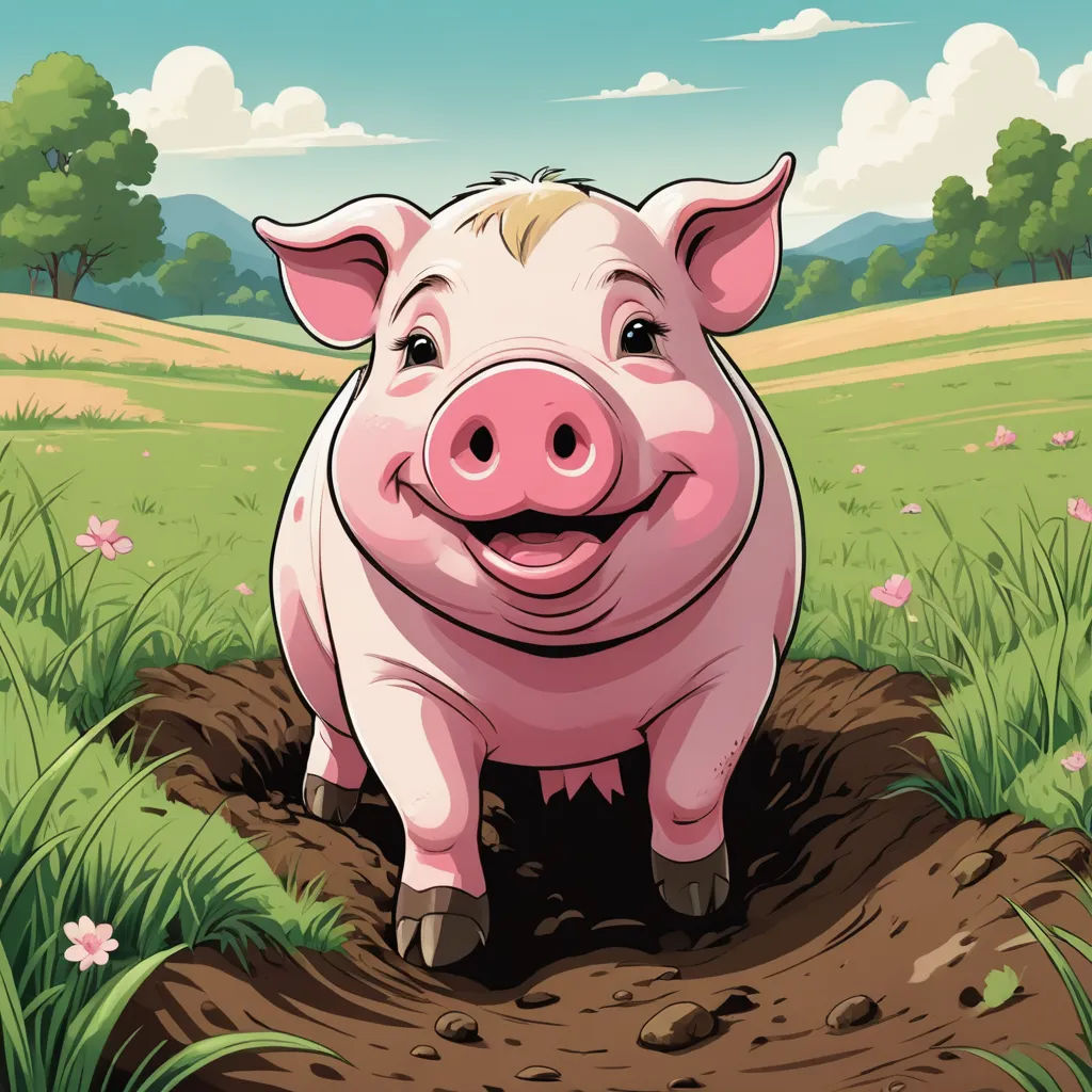 a pig is standing in a hole in the grass and flowers, with a sky background and clouds in the sky, sots art, a storybook illustration, David Young Cameron, storybook illustration