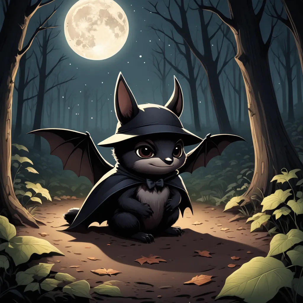 a little black bat sitting in the woods under a full moon with leaves on the ground and a full moon in the background, furry art, a character portrait, Cliff Childs, dark night